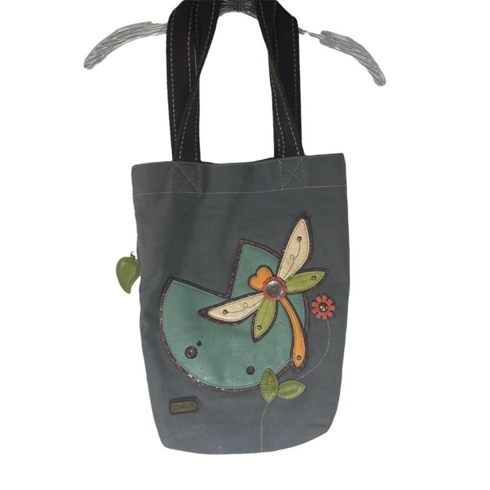 Chala Handbags Dragon Fly Lilly Pad Floral Canvas Tote Bag w/ 3D Graphics *read*